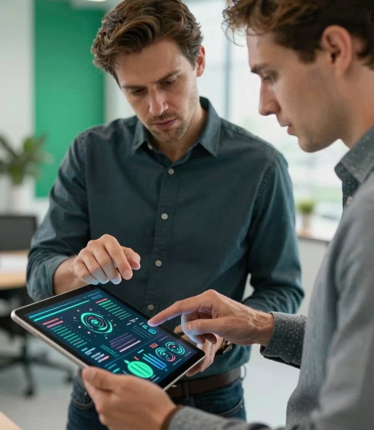 A close-up of two professional consultants in a modern office, dressed in business casual attire, discussing complex data visualizations on a large tablet. The lighting is bright and airy with charcoal teal and persian green accents in the background decor.