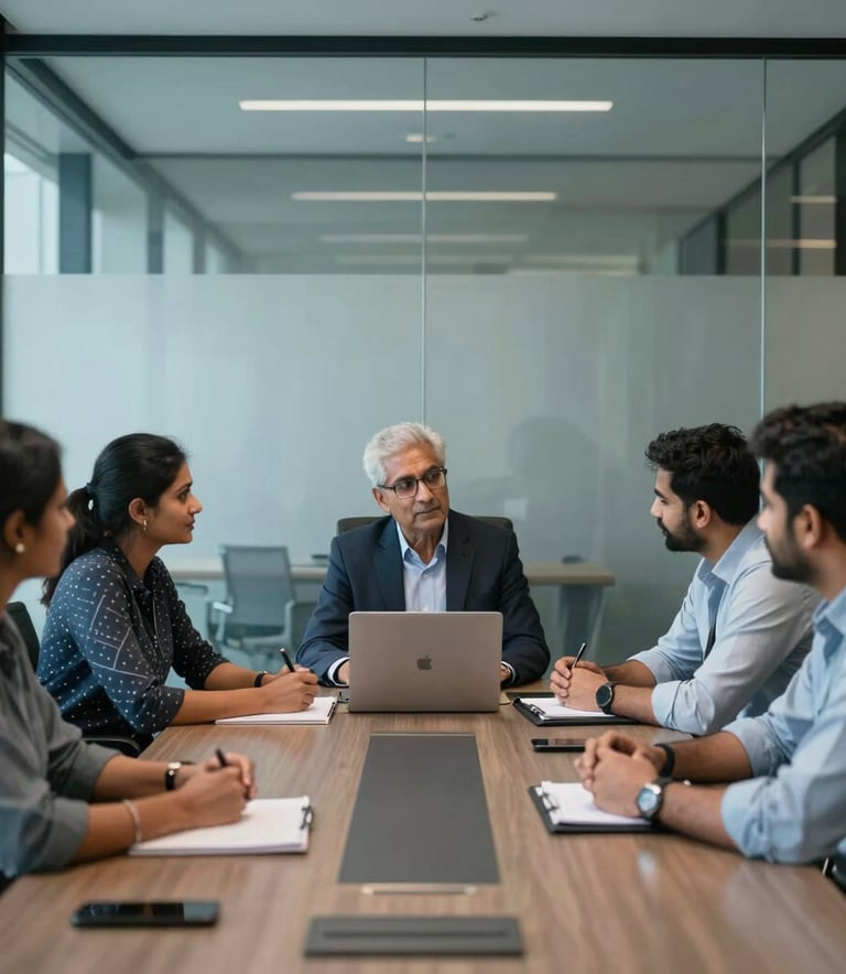 A collaborative South Asian Indian team meeting in a glass-walled conference room, high-end office architecture, professional atmosphere, medium blue and steel blue tones.