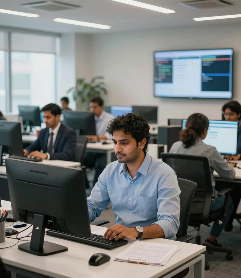 A wide photography shot of a professional South Asian workspace where moderators are working diligently. The office design is contemporary and airy, using a palette of muted blues and off-whites to create a trustworthy atmosphere.