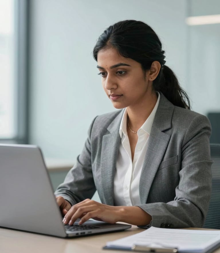 A professional South Asian Indian woman in business attire working at a laptop in a bright, modern office, focus on the device, professional lighting, light blue background elements.