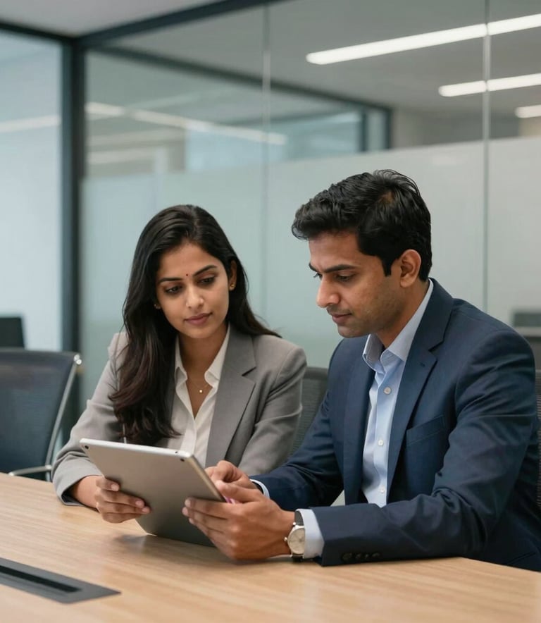 A medium shot of two South Asian professionals in a modern conference room in India, collaborating over a tablet. The background features clean glass walls and office furniture in steel blue and muted blue tones, with professional, soft lighting.