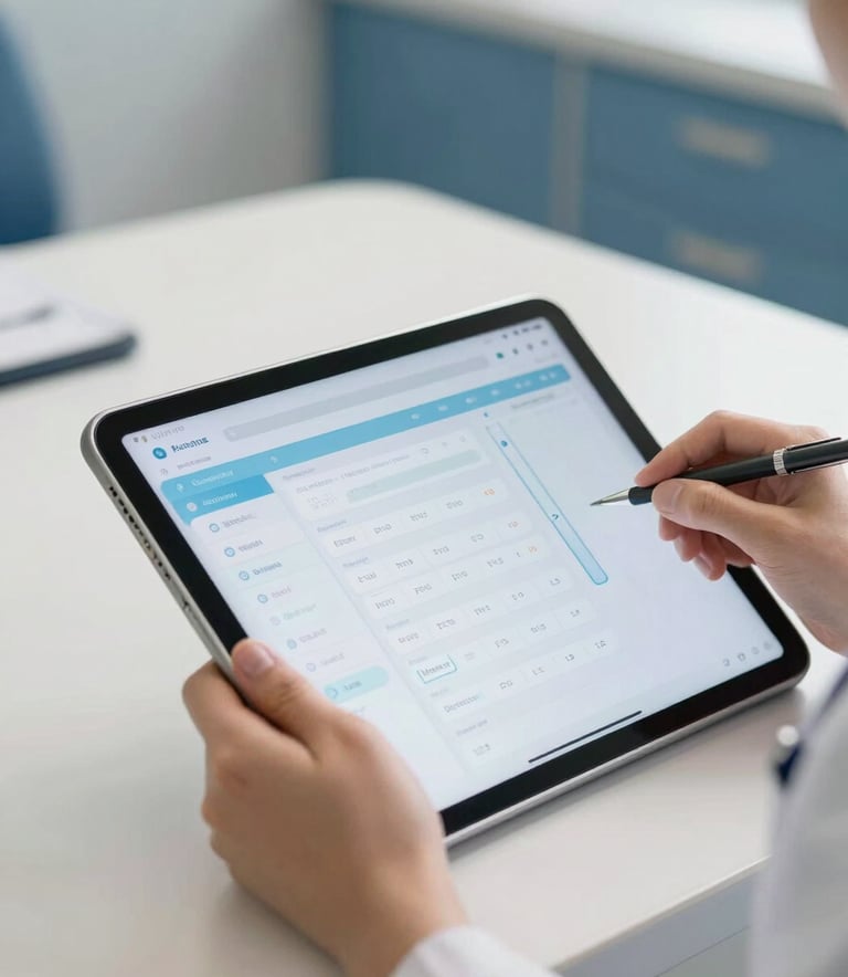 A close-up photograph of a professional healthcare provider's hands using a modern, sleek digital tablet in a bright North American clinic. The tablet displays a clean, user-friendly medical dashboard with light blue accents, set against a background of a professional workspace in off-white and medium blue tones.