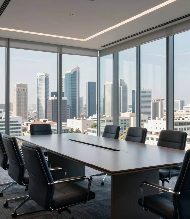 A high-end professional meeting room in Casablanca with a panoramic view of the modern city skyline through large windows, soft natural light, minimalist corporate furniture in navy and gray tones.