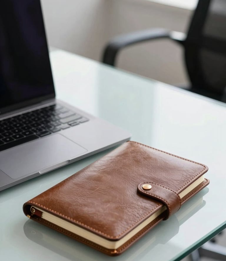 Close-up of a high-end laptop and a leather notebook on a glass desk in a bright office in Casablanca, professional environment, sharp focus, clean corporate aesthetic.