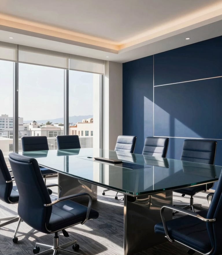 A high-end, wide-angle photograph of a modern, professional corporate boardroom in Casablanca, Morocco. The room features a sleek glass table and deep navy blue accents. Natural sunlight streams through large windows, highlighting a clean, minimalistic aesthetic. The atmosphere is sophisticated and ready for business.