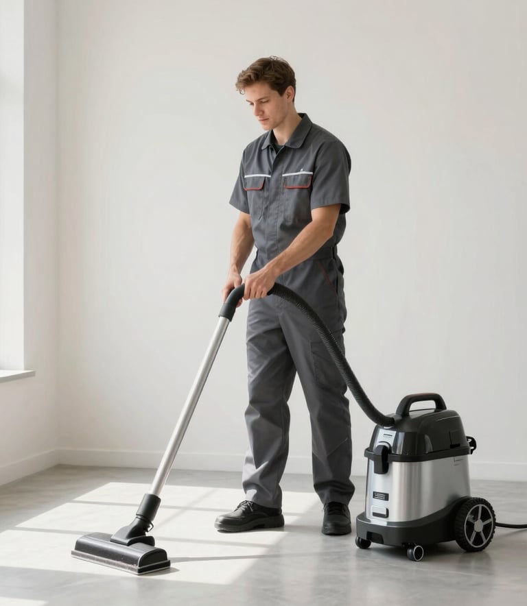 A professional cleaning technician in a dark gray uniform using a modern steam carpet cleaner in a bright, minimalist Virginia office. Natural light, clean lines, professional photography with off-white and light gray tones.