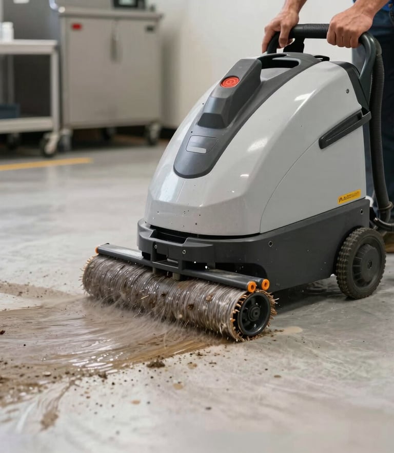 Action shot of a industrial carpet cleaner removing stains from a commercial floor in Northern Virginia. Professional lighting, dynamic but clean composition, highlighting efficiency and high-tech equipment.