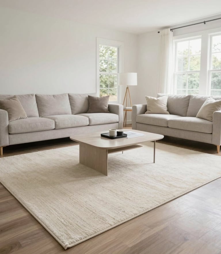 A wide-angle shot of a bright, minimalist living room in a North American home in Virginia, featuring a large, perfectly clean cream-colored area rug under a modern coffee table.