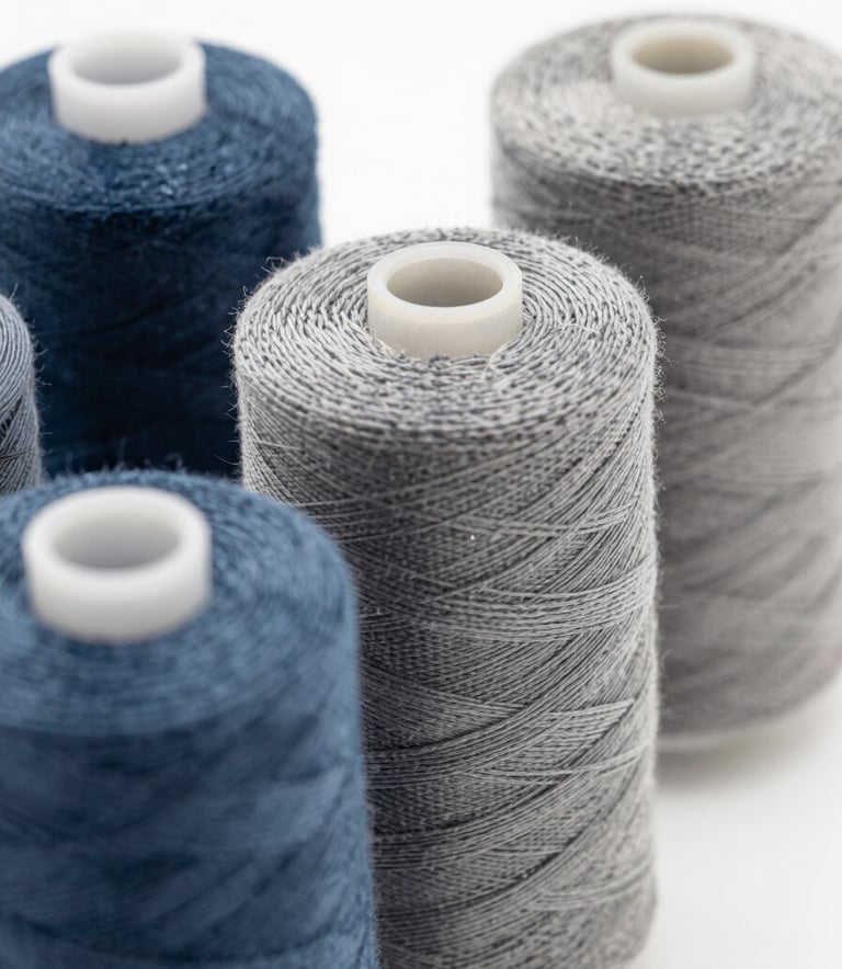 A close-up, sharp-focus shot of high-quality industrial sewing thread spools in elegant shades of #283645 and #5B7B7C. The composition is clean and modern, set against a soft #F7F7F2 background, highlighting the strength and consistency of the fibers.
