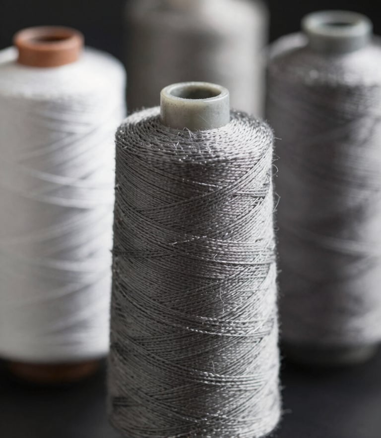 A high-detail close-up of industrial-grade sewing thread spools in professional tones like #5B7B7C. The lighting is sharp and focused, emphasizing the durability and premium quality of the thread material.