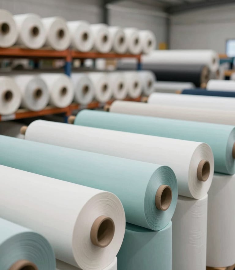 A wide-angle, bright shot of a modern textile warehouse showing organized rolls of high-quality fabric. The lighting is natural and clear, incorporating the brand colors #F7F7F2 and #B6C5C5 to evoke trust and scale.