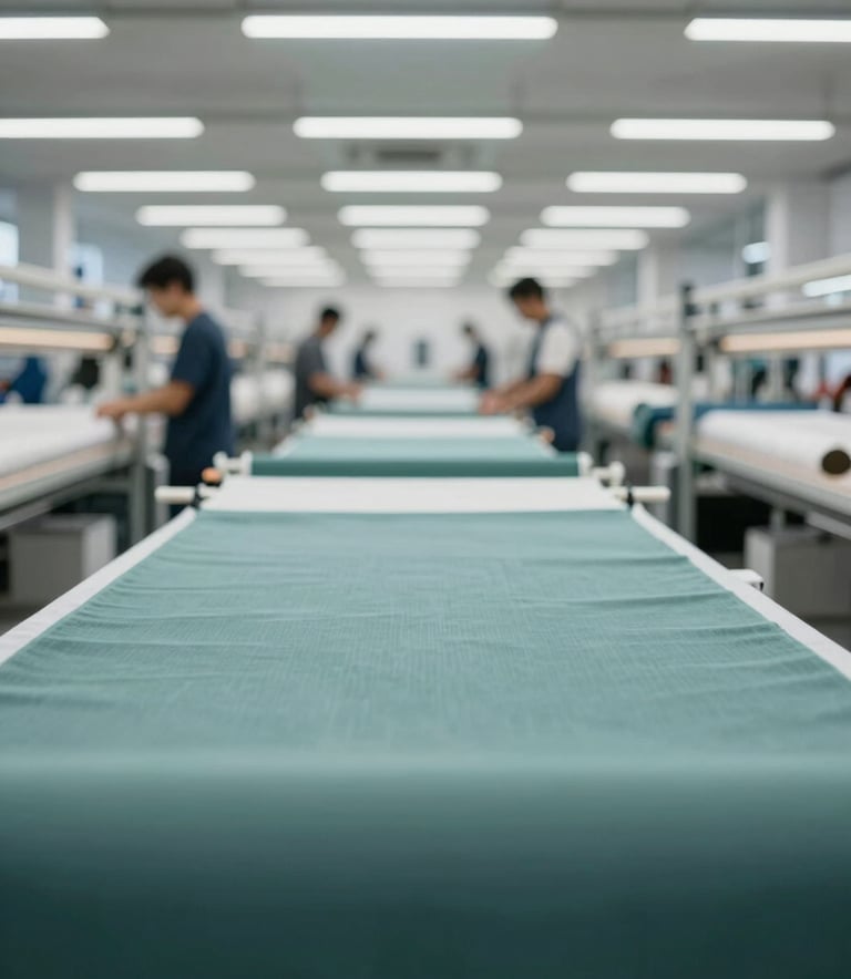 A sophisticated wide shot of a modern textile facility with clean architectural lines. The lighting is soft and professional, featuring workers in the distance handling fine fabrics in a palette dominated by #283645 and #B6C5C5.