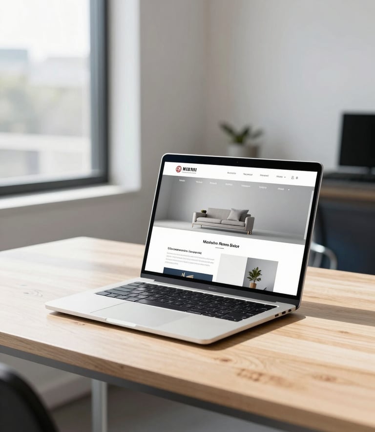 A clean, modern workspace in an Australian office with a laptop on a light timber desk showing a minimalist website layout. The room is filled with bright, natural sunlight, featuring subtle steel blue and white accents in the decor.
