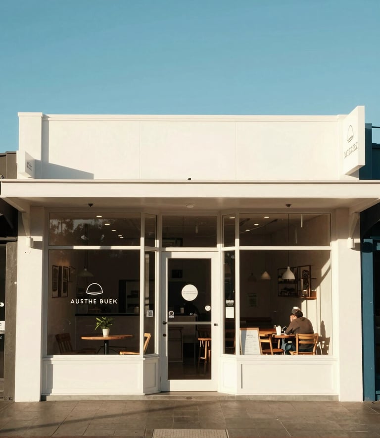 A bright and airy photograph of a local Australian cafe storefront in Perth during the morning. The scene is clean and inviting, with minimal signage and a friendly, professional atmosphere under a clear blue sky.