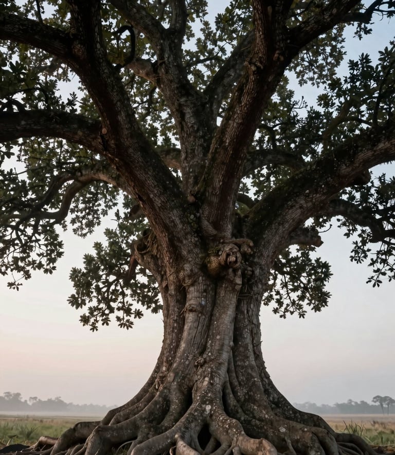 An artistic shot of an ancient, strong oak tree with deep visible roots against a soft morning sky. The image conveys quiet strength and longevity, using tones of #3A4033 and #F1F5EF.