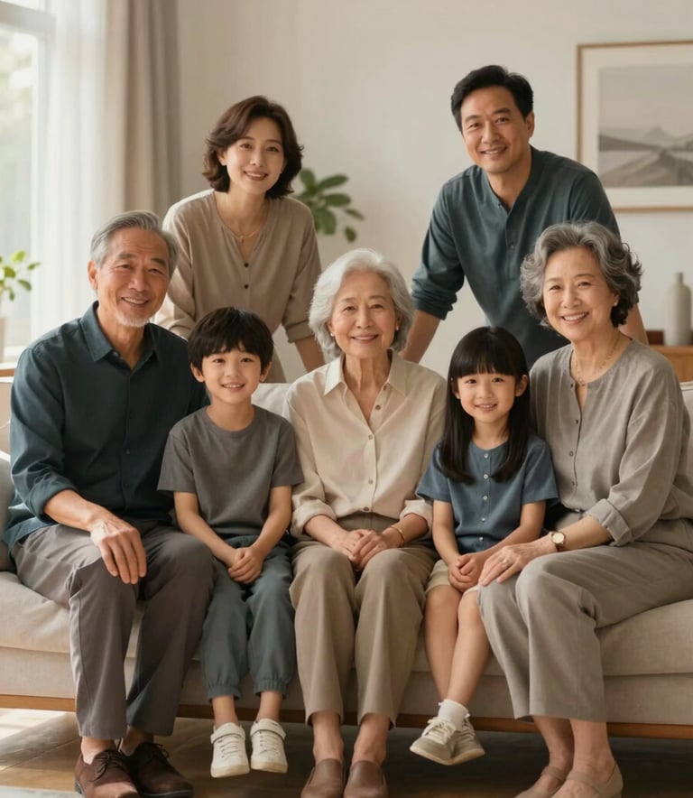 A professional and warm photograph of a multi-generational family sitting together in a sunlit living room. The lighting is soft and natural, emphasizing quiet strength and trust. The subjects wear high-quality fabrics in colors like #3A4033 and #6B7F67. The atmosphere is nurturing and sophisticated.