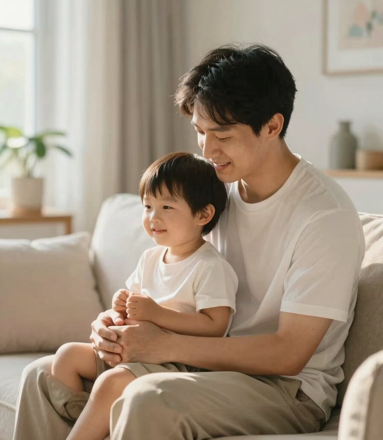 A warm, high-quality photograph of a parent and child sitting together in a sunlit living room, symbolizing stability and nurturing support. The lighting is soft and golden, with interior accents in #6B7F67 and #F1F5EF.