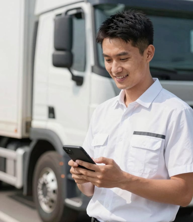 A professional truck driver in a clean, modern uniform holding a smartphone. In the background, a blurred modern white truck. Bright, natural lighting, high-quality photography, conveying trust and technology.
