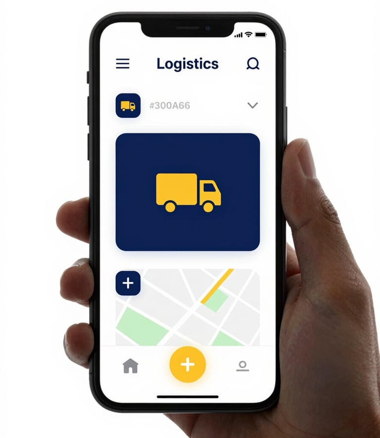 A modern, minimalist graphic of a smartphone showing a logistics app with a map and truck icons. The interface is clean, featuring #300A60 and #FF8E00 accents. High-tech, professional aesthetic on a white background.