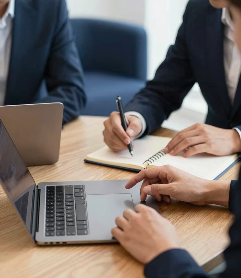 A close-up photograph of a professional collaborative meeting in a bright, modern British workspace. A high-end laptop is open on a light oak table next to a notebook. Hands of consultants are visible gesturing over a digital tablet. The setting features soft white walls and navy blue furniture accents.