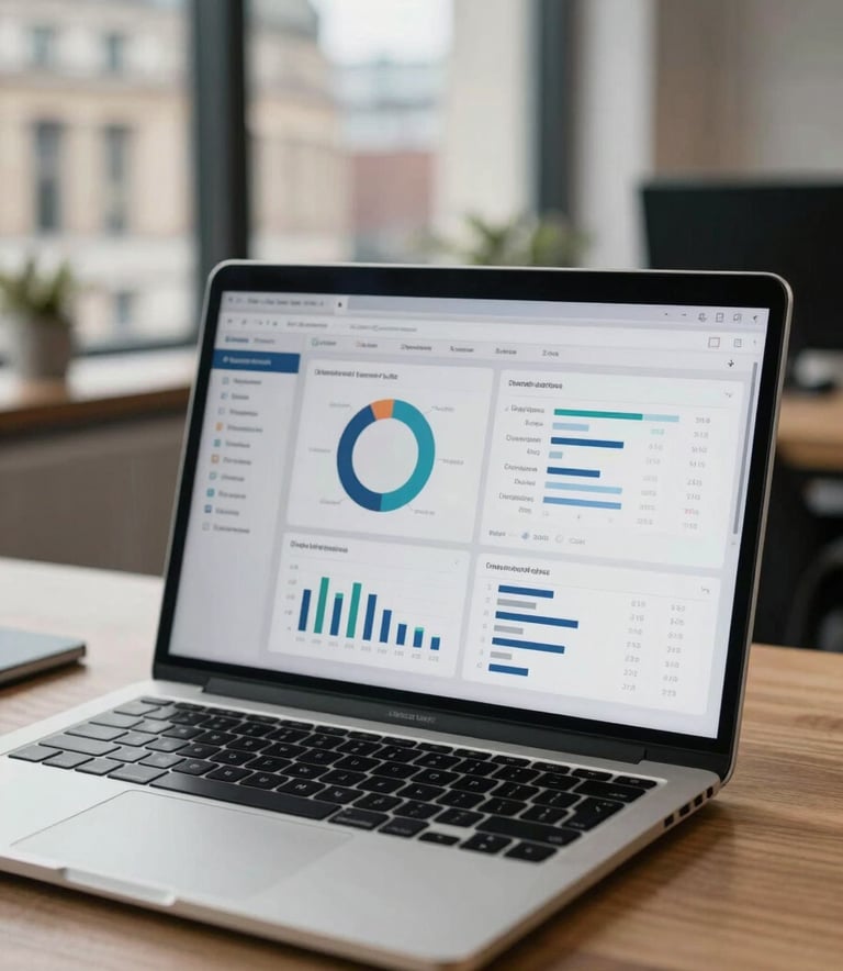A close-up of a modern high-end laptop on a wooden desk in a bright London office, showing a clean business analytics dashboard. The lighting is natural and sophisticated, with a blurred view of British city architecture in the background.