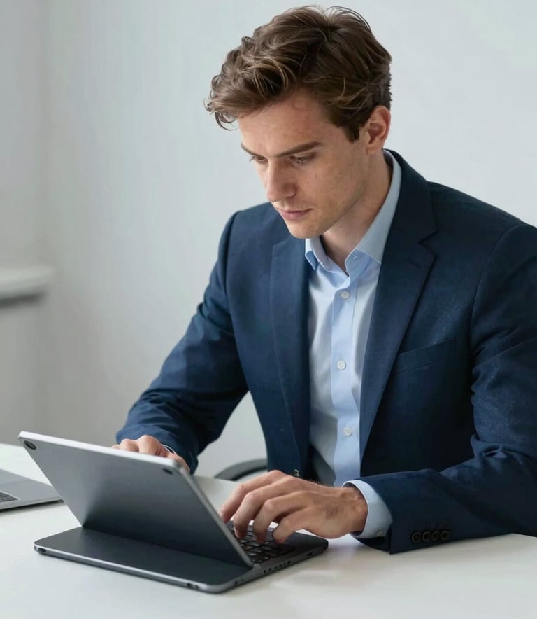 A focused European business professional in a smart-casual suit working with digital tablet at a minimalist white desk. The setting is a clean, modern workspace with accents of dark blue and soft light blue.