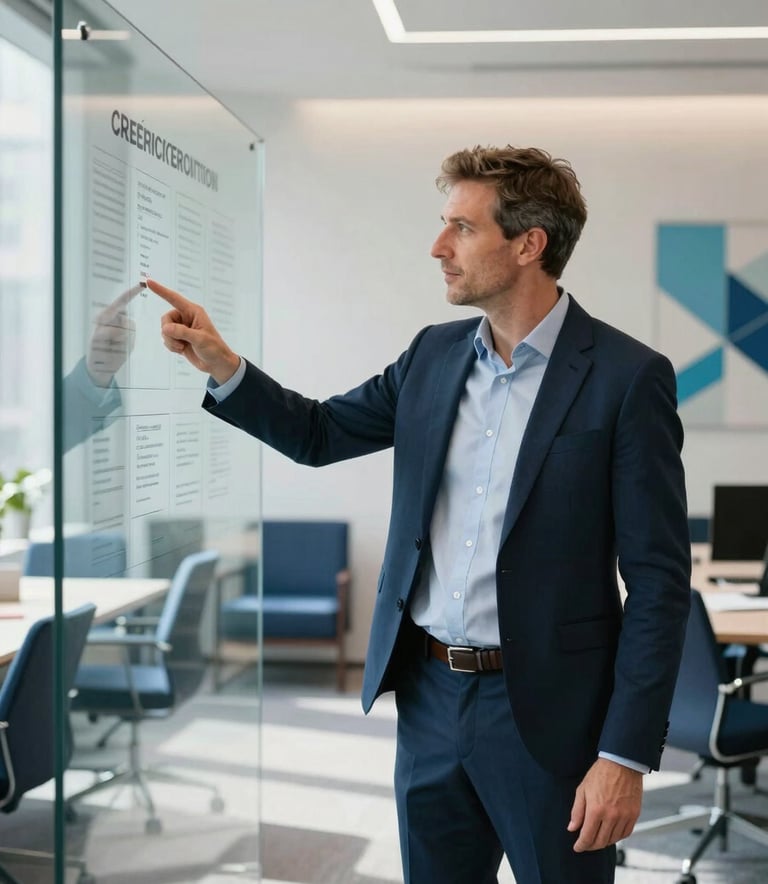 Photography of a professional European tech consultant pointing at a glass strategy board in a bright, modern London office. The room is filled with soft natural light, featuring navy blue and sky blue office decor in a sophisticated setting.