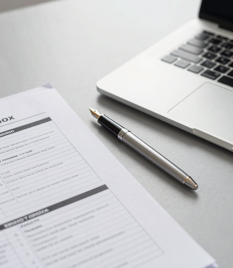 A close-up of a professional desk in an Italian office with a thin silver laptop, a high-quality fountain pen, and neatly organized tax documents on a light grey surface, bright and airy lighting.