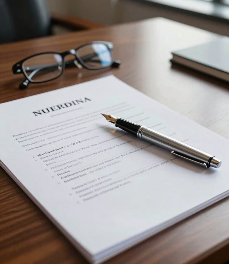 Close-up of professional legal documents, a silver fountain pen, and a pair of spectacles on a polished mahogany desk in a North American corporate office, natural window light.