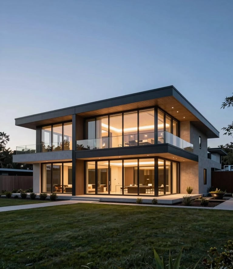 A stunning wide-angle shot of a contemporary luxury home with glass walls at twilight, soft blue hour lighting, North American architecture.
