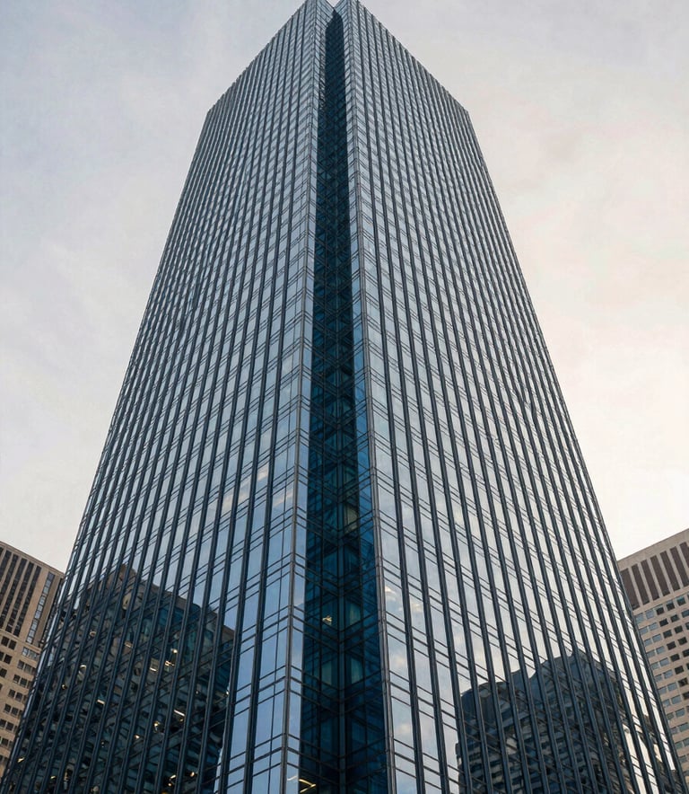A wide-angle photography shot of a modern glass skyscraper in a North American city, reflecting a clear off-white sky, emphasizing corporate scale and professional media production with deep blue tones.