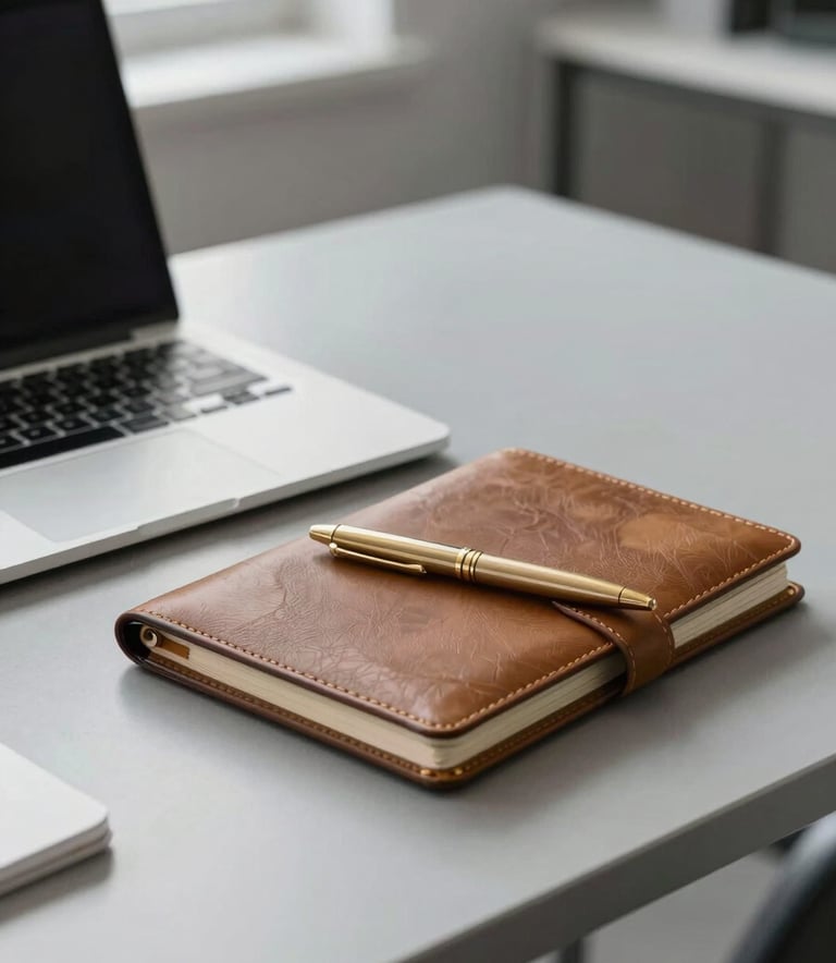A professional desk setup featuring a silver laptop, a leather-bound planner, and a muted gold pen. The background is a clean, minimalist office with soft grey tones and natural light, suggesting an atmosphere of organized trust.