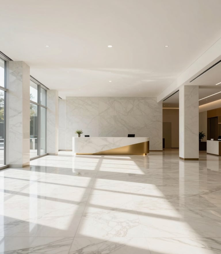 A wide shot of a bright, minimalist corporate lobby with polished off-white marble floors and soft shadows, featuring a subtle gold accent on a distant reception desk.