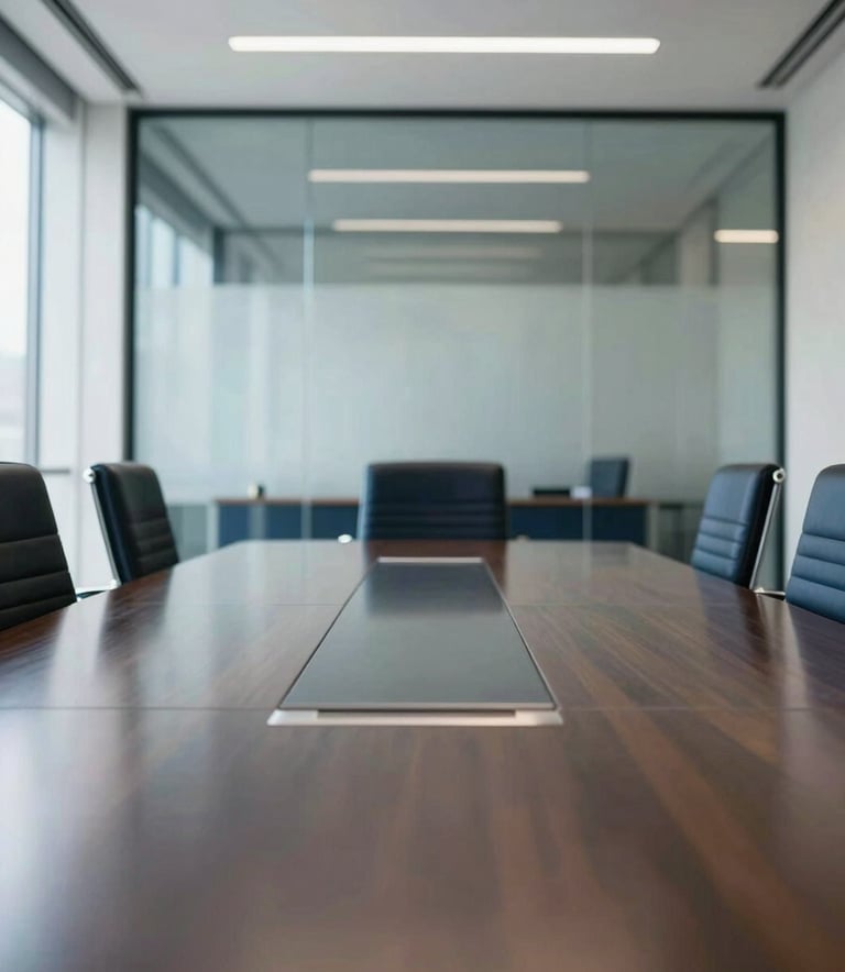 A low-angle shot of a modern, glass-walled corporate boardroom with a long polished table. The lighting is bright and clean, reflecting a deep navy blue and soft off-white palette, evoking professional precision and security.