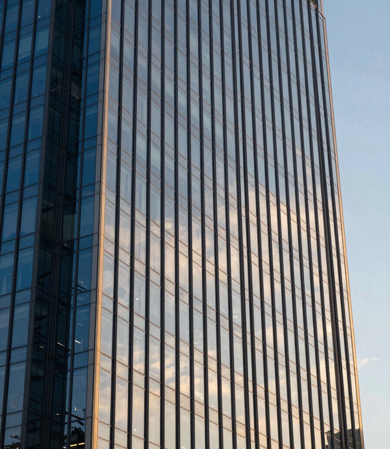 A high-angle photograph of a modern glass skyscraper reflecting a clear sky, with the deep blue glass panels contrasting against the warm golden glow of late afternoon sunlight.