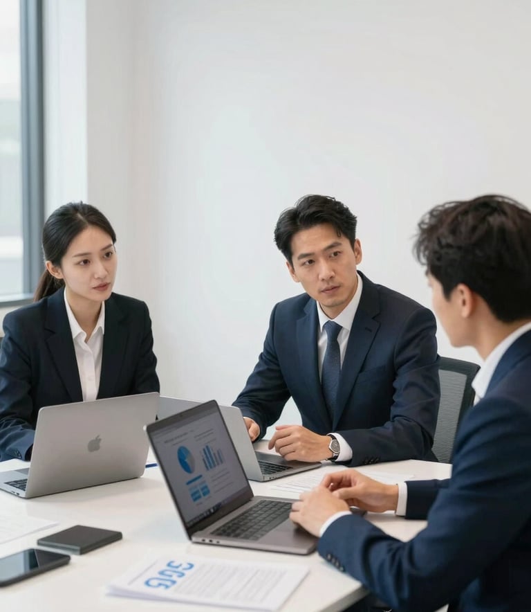A professional business meeting in a bright, minimal North American office. Two corporate professionals in business attire are discussing data-driven strategy at a clean white desk with laptops and high-end tech, representing expertise and high-value B2B services. The colors are white, light gray, and deep navy blue.