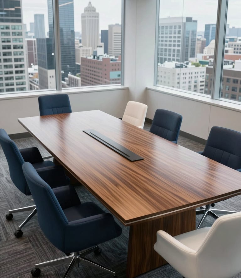A high-angle photograph of a sleek, modern North American boardroom with a polished wood table, large windows overlooking a city skyline, and minimalist blue and white chairs, exuding corporate authority.