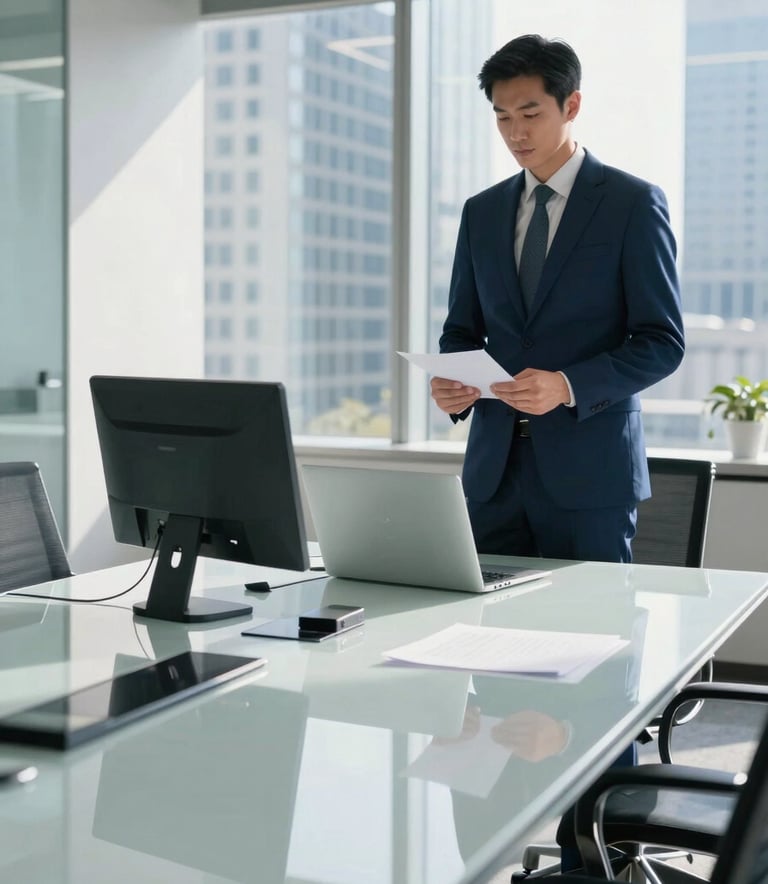 A high-end, modern office setting in a North American corporate district. The scene shows a sleek glass conference table and high-tech communication equipment, bathed in bright natural light, emphasizing professional authority and a high-end B2B sales environment. The palette uses white, steel blue, and dark blue tones.