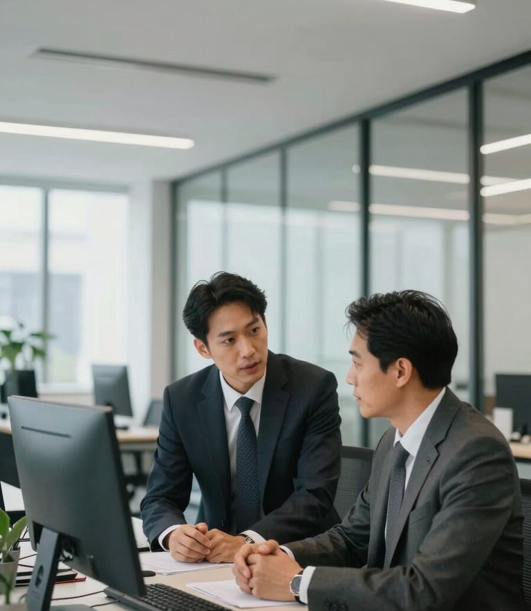 A professional North American business person in corporate attire working in a bright, modern open-plan office with high ceilings and glass walls, focusing on professional communication.