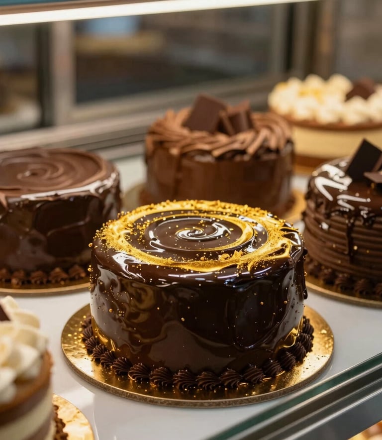 Gourmet South American confectionery display featuring sophisticated cakes with dark chocolate ganache and golden highlights, set against a blurred bakery background.