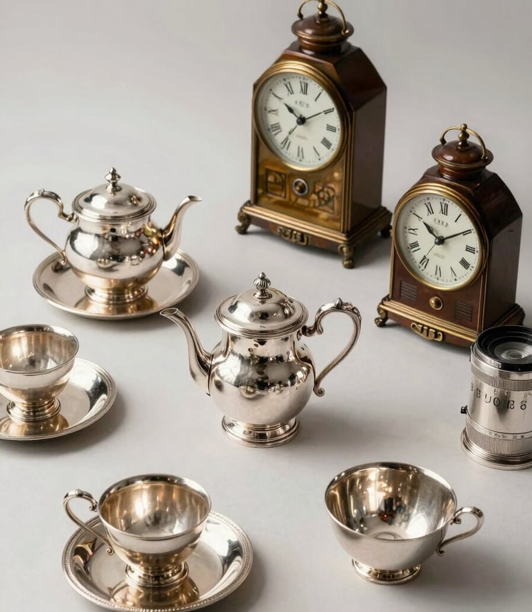 A sharp, high-quality photograph of high-end estate items, such as silver tea sets and antique clocks, laid out on a clean soft off-white surface for cataloging, with steel blue shadows.