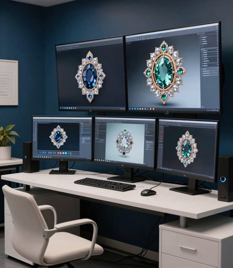 Cinematic photography of a digital creative studio where high-end CGI jewellery renders are visible on large, sleek monitors. The environment is sophisticated with dark blue walls and off-white furniture, set in a South Asian urban tech hub.