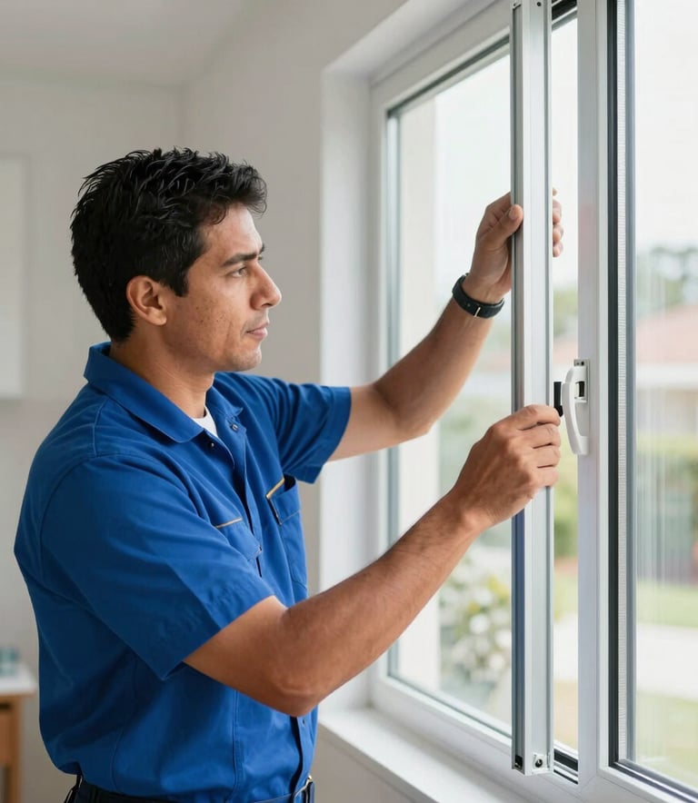 Professional photography of a Hispanic / Latin American technician in a blue uniform installing a custom aluminum window frame in a bright, modern house.