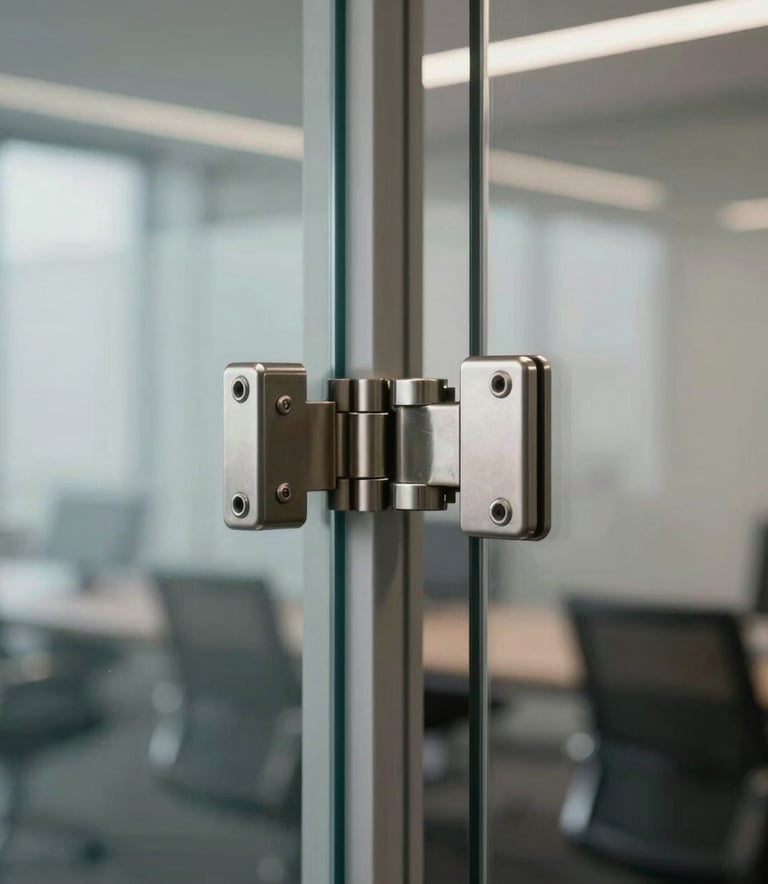 Detailed view of a sleek tempered glass partition and high-end stainless steel hinges in a modern corporate office, reflecting soft light, Hispanic / Latin American setting.