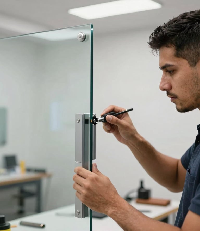 Detailed shot of a professional technician installing a high-quality tempered glass door with precision aluminum hardware, Hispanic / Latin American workshop setting, bright and clean.