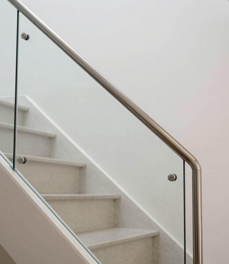 A close-up photograph of a minimalist staircase featuring a polished stainless steel handrail and clear glass safety panels in a modern Hispanic / Latin American luxury home, bright natural lighting.