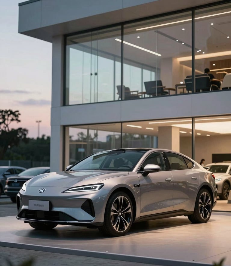 A sleek, minimalist North American / US automotive showroom with architectural glass and high-end materials, soft evening lighting, emphasizing a premium corporate atmosphere.