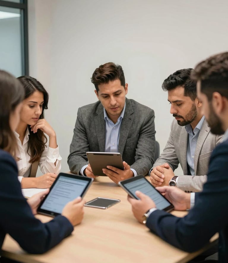 A professional portrait of two executives in a modern North American dealership boardroom, engaged in a collaborative discussion over a tablet. The lighting is soft and natural, emphasizing a premium corporate atmosphere with subtle blue and dark gray tones.
