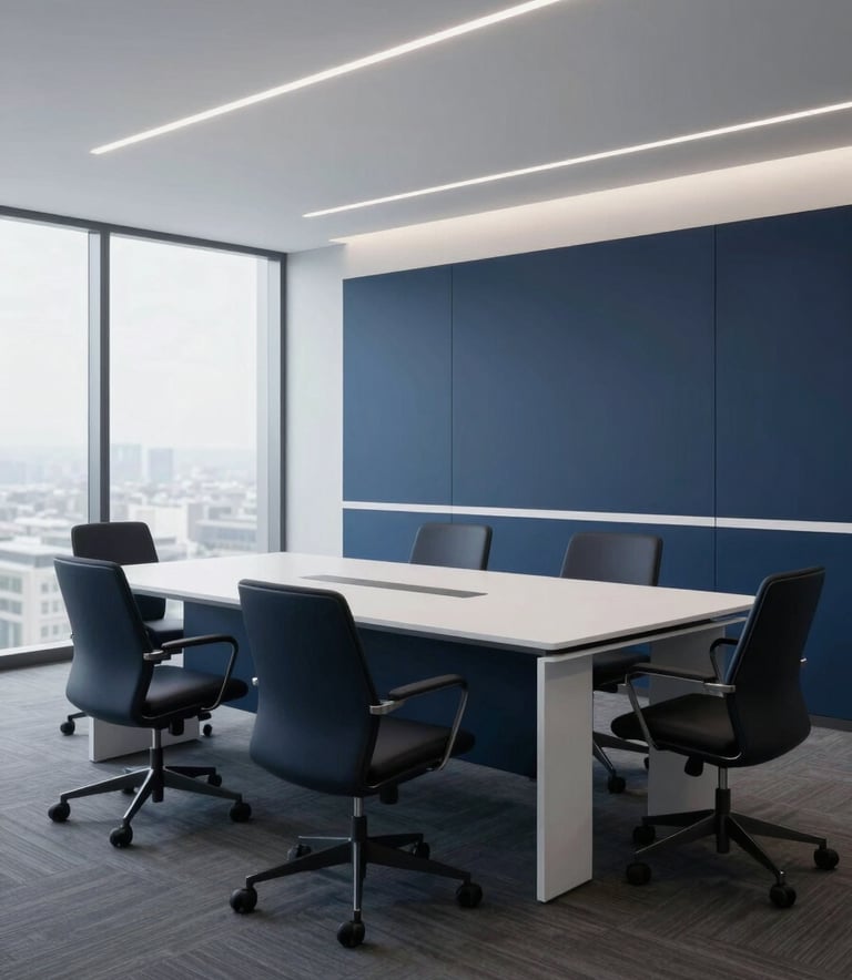 Clean, wide shot of an executive office environment in North America, featuring modern minimalist furniture and a palette of dark blue and white, very professional.