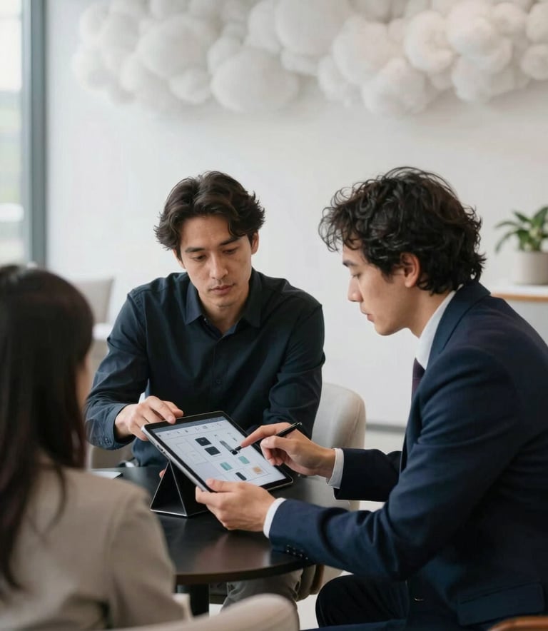 A collaborative meeting environment where two professionals are reviewing digital designs on a tablet. The setting is a contemporary office with Soft Cloud White decor and Deep Midnight Navy furniture.